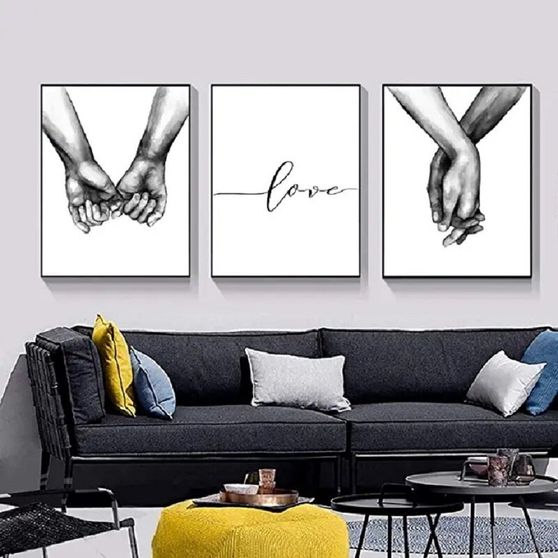 Print Artwork Wall Art Black and white sketch, hand in hand, canvas painting, home decoration 20"x28"x3pcs