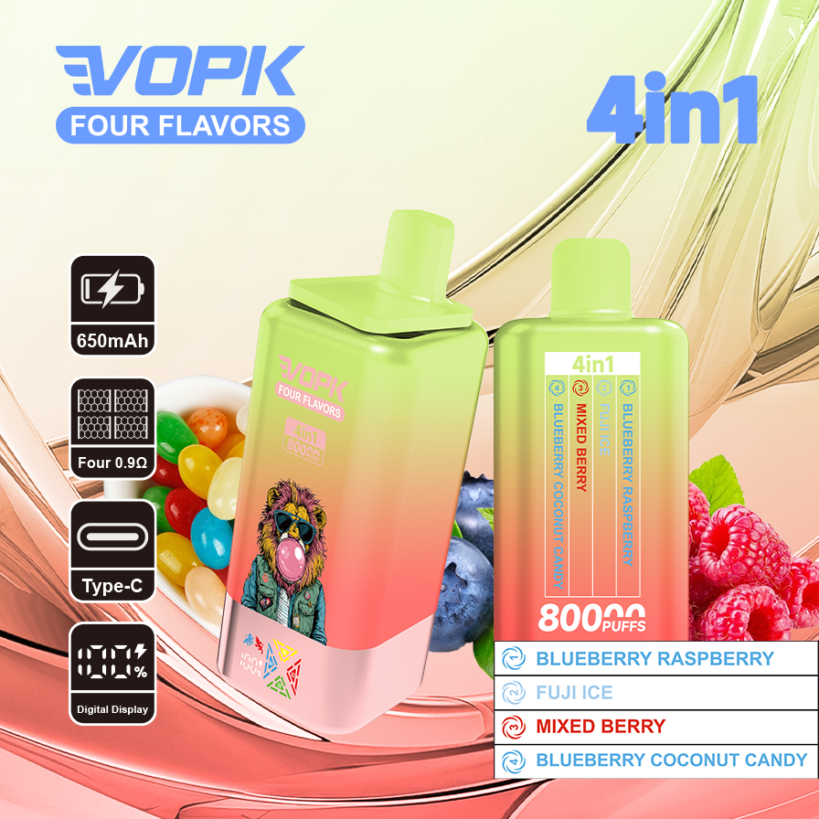 vopk 4 in 1 80k rechargeable disposable vape Blueberry raspberry & Fuji ice & Mixed berry & Blueberry coconut candy
