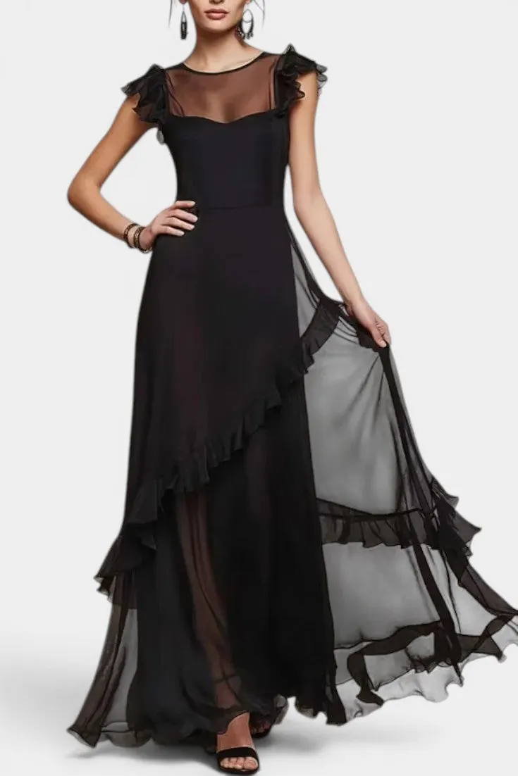 Asymmetric Ruffle Long Sheer Dress with Cap Sleeves