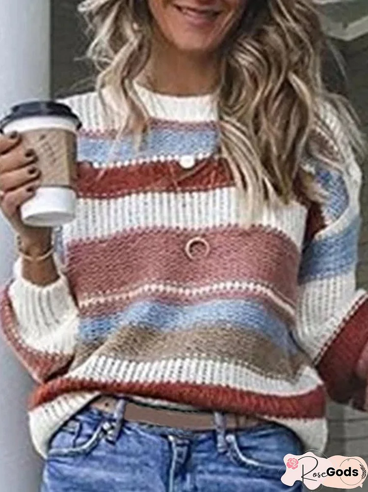 Fashion Multicolor Striped Plus Size Long Sleeve Statement Sweater