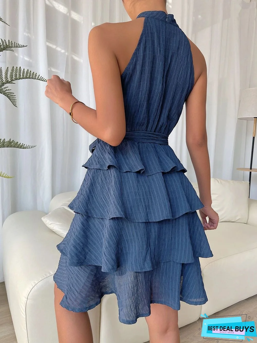 Sleeveless Neck Tie Waist Flounces Dress Skirt