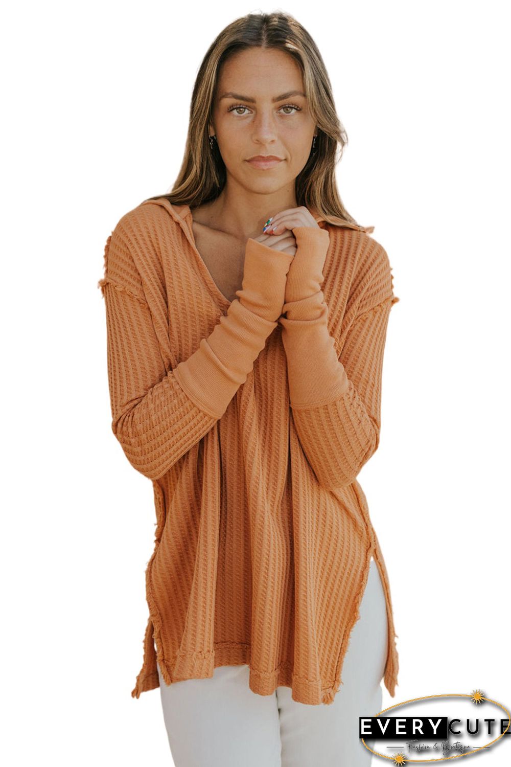 Orange Distressed Seam Trim Waffle Knit Top