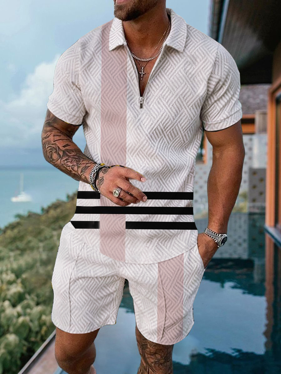 Men's Casual Print Polo Shirt Set