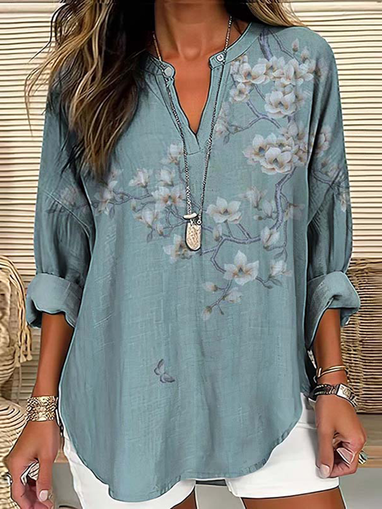 Comstylish Vintage Floral Art Printed V Neck Casual Shirt