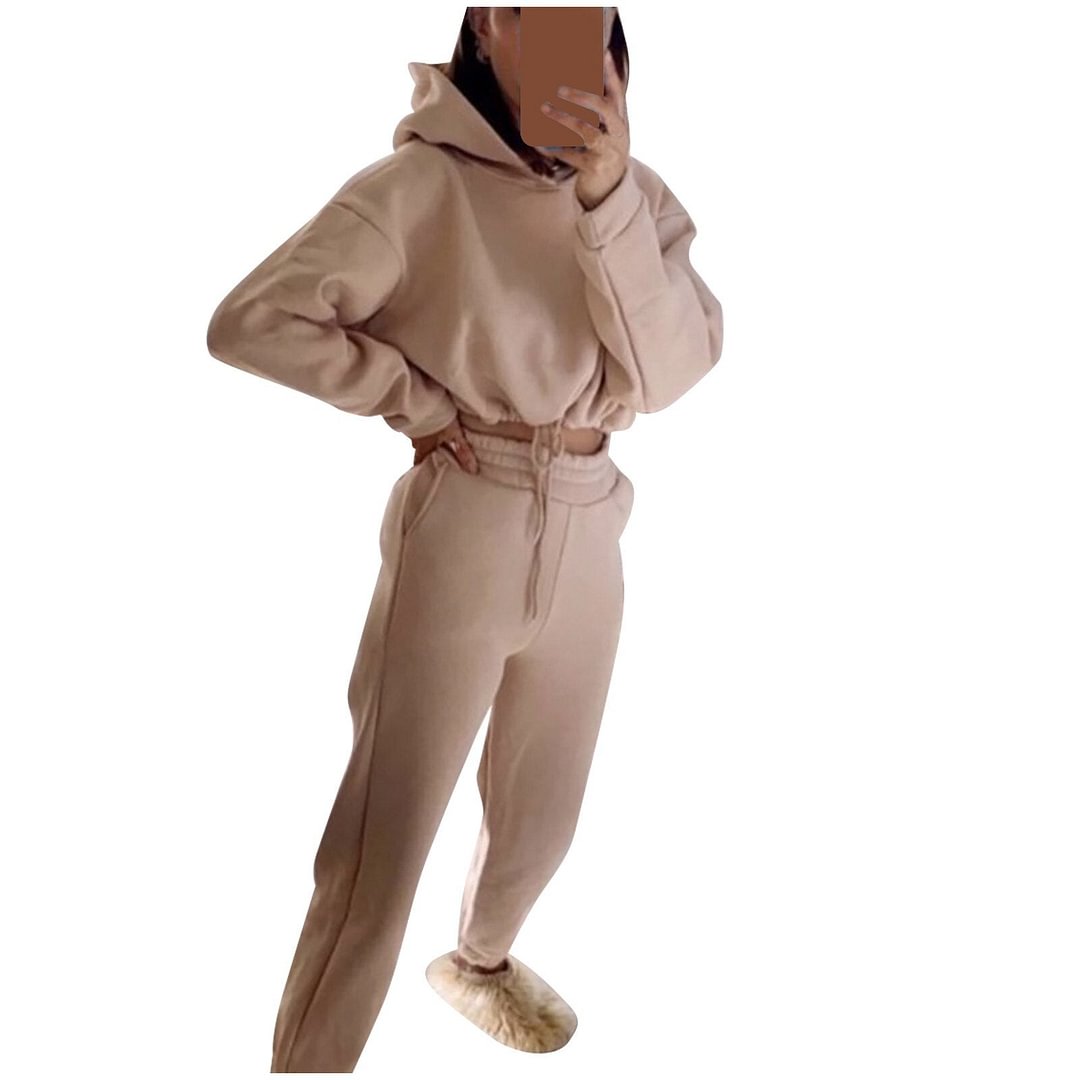 Women's Sets Casual Solid Color Long Sleeved Hoodie Trousers Sweatershirt Sports Suit Crop Tops And Pant Ladues Sport Set 2021