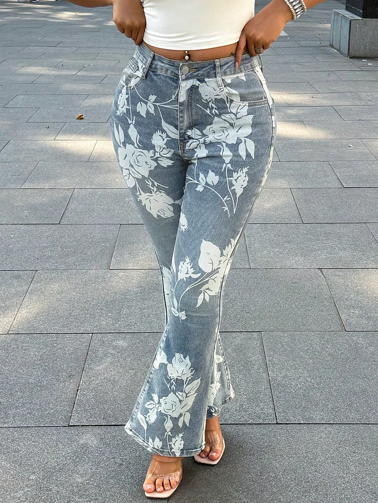  American Ladies Solid Color Fashion Jeans Sexy Micro-Elastic Bell Bottoms-Flower Printed Jeans