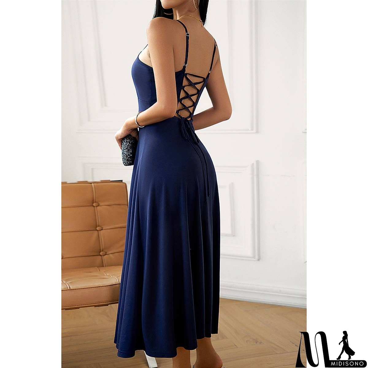 MidiSono - Solid Sleeveless Fit Cross Back Knot Full Dress