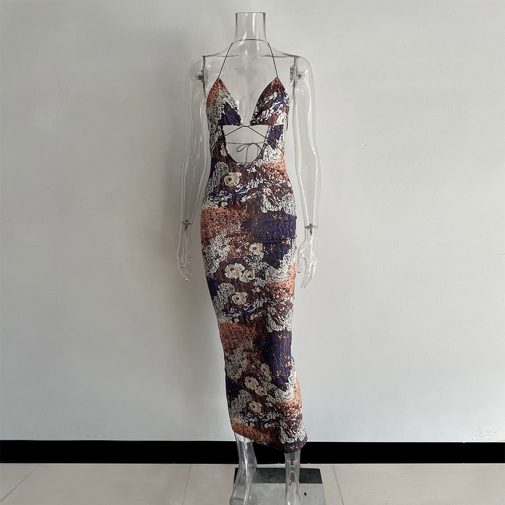 KGFIGU Dresses For Women 2021 Summer New Arrivals Ladies Halter-Neck-Wrapped Sexy Print Elegant Maxi Dress