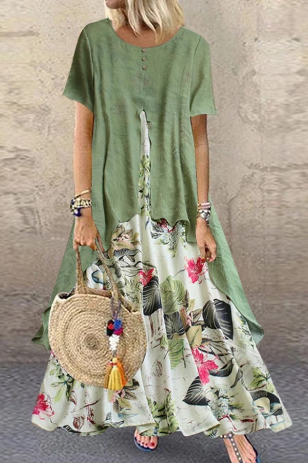 Loose Flower Print Paneled Maxi Dress