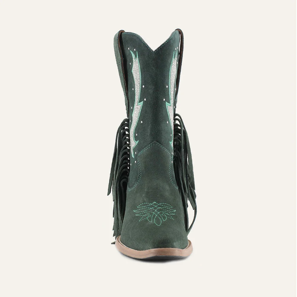 Snip Toe Studded Stacked Heel Fringe Rhinestone Cowgirl Boots in Green