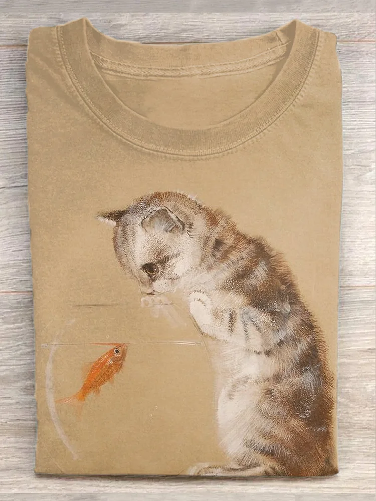 Unisex Cat and Goldfish Casual Short Sleeve T-Shirt