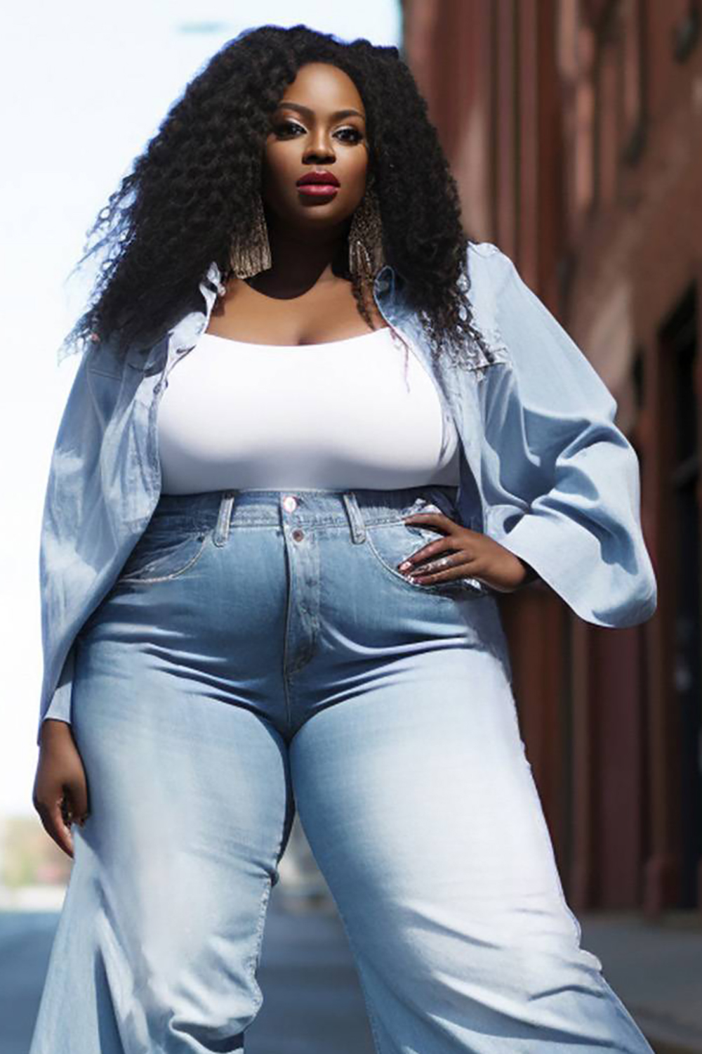 Design Plus Size Daily Light Blue Shirt Collar Long Sleeve Denim Two Piece Pant Set [Pre-Order]