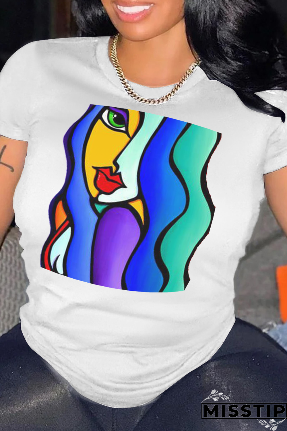 White Street Print Patchwork O Neck T-Shirts