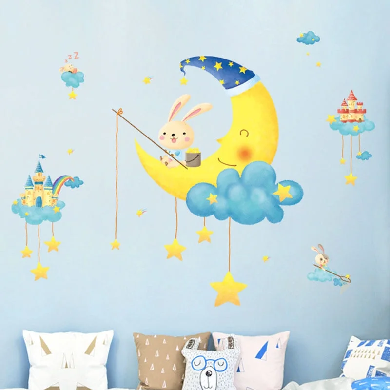 Cartoon Happy Rabbit on the Moon Wall Stickers for Living Room Kids Room Home Decoration Wall Decal Home Decor Baby Nursery PVC