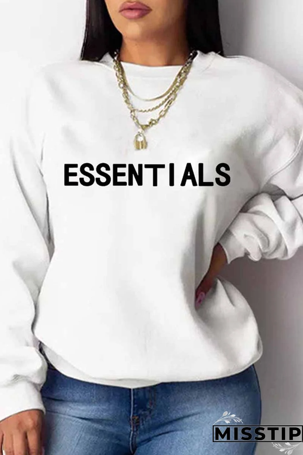 White Casual Print Letter O Neck Tops