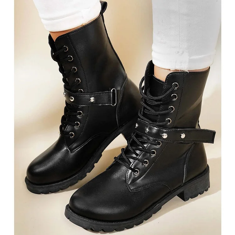 Classic Block Heel Military Combat Boots Lace Up Ankle Boots