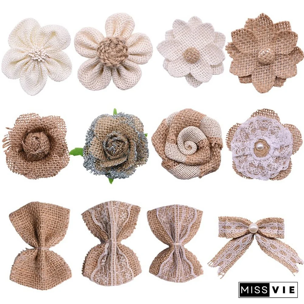 3pcs/lot Jute Burlap Ribbon Bow Rustic Handmade Hessian Ribbon Flower Bowknot DIY Crafts Vintage Wedding Decoration Happy Easter Party Christmas Supplies