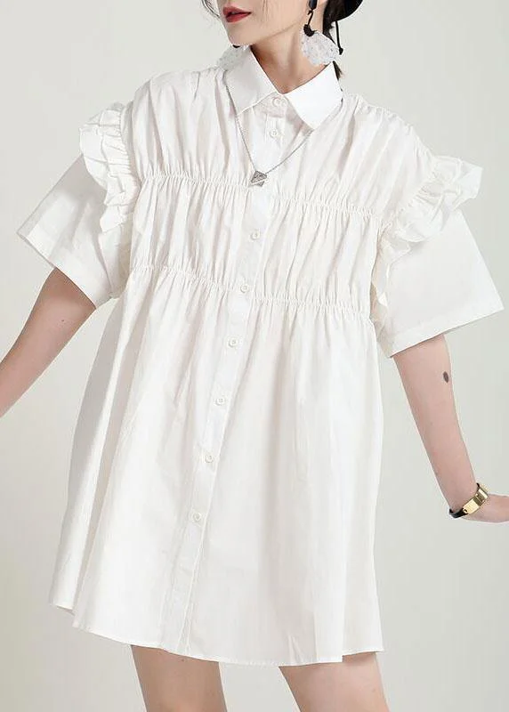 Classy White Ruffled Cinched Summer Asymmetrical Design Half Sleeve Dress