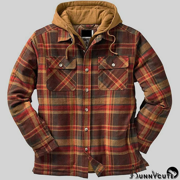 Brown Casual Street Plaid Print Split Joint Buckle Zipper Hooded Collar Outerwear