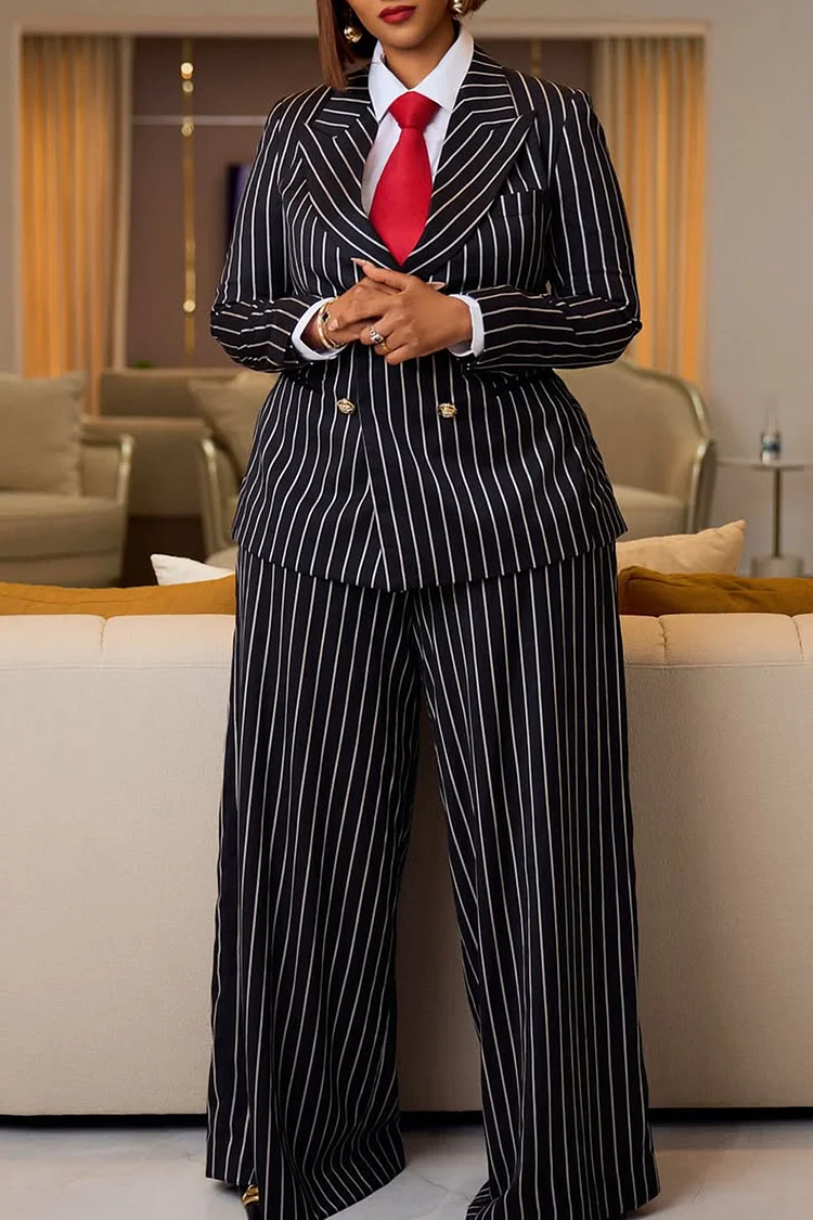 Plus Size Formal Black Striped Lapel Collar Long Sleeve Wide Leg Elegant Two Piece Pant Suits [Pre-Order] 2024 - Xpluswear