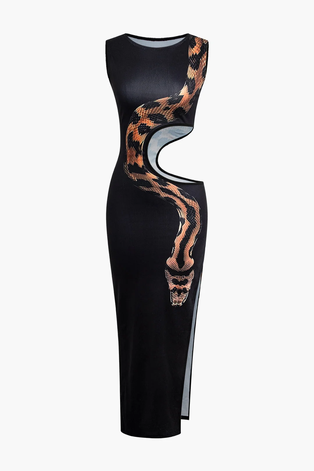 Brownm Snake Print Cut Out Sleeveless Maxi Dress with Slit