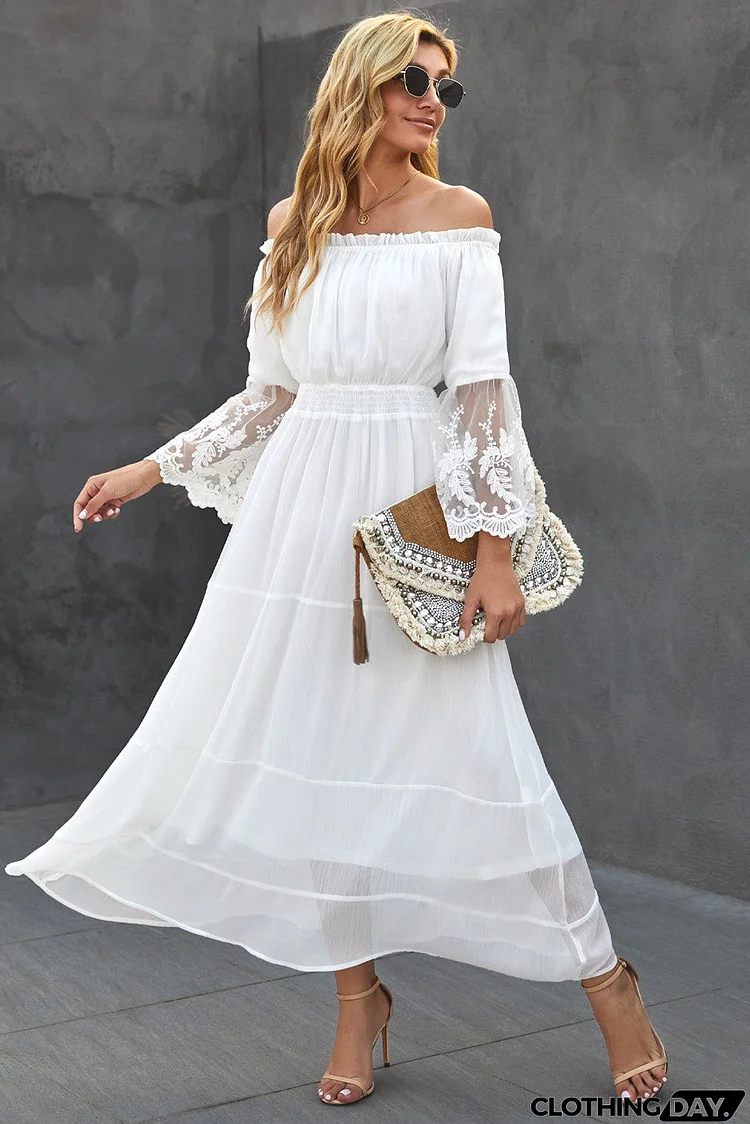 Chic Off Shoulder Embroidered Flared Sleeve White Lace Maxi Dress