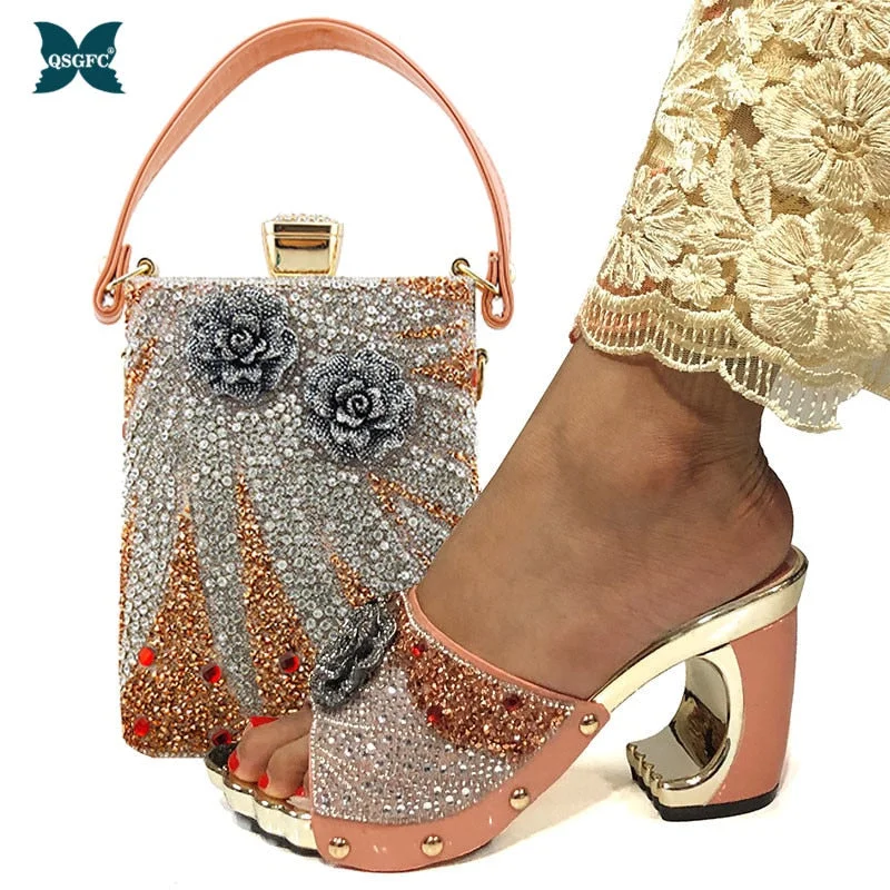QSGFC New Arrival Fashionable Italian Shoes and Bag Sets Silver Color Women's Wedding Special Appliques for African Lady Sandals