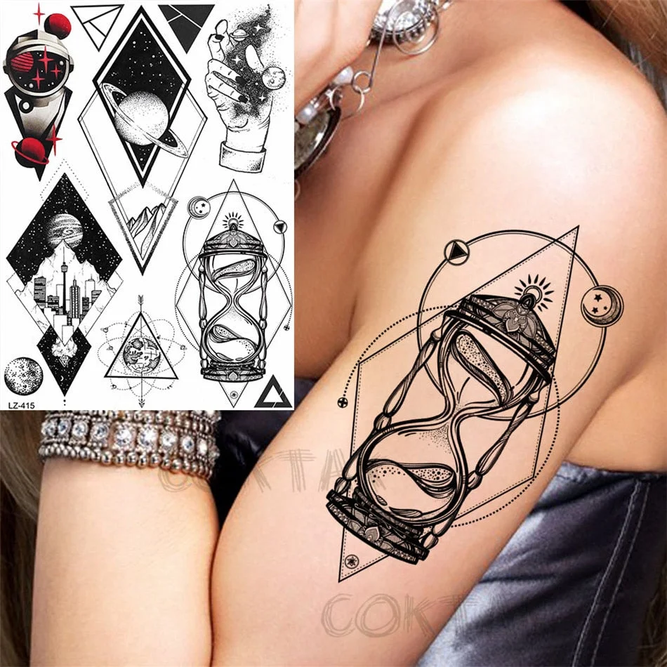 Realistic Fake Black Animal Temporary Tattoos Sticker For Men Women Geometric Wolf Outer Space Tatoo Temporary Decal For Kids