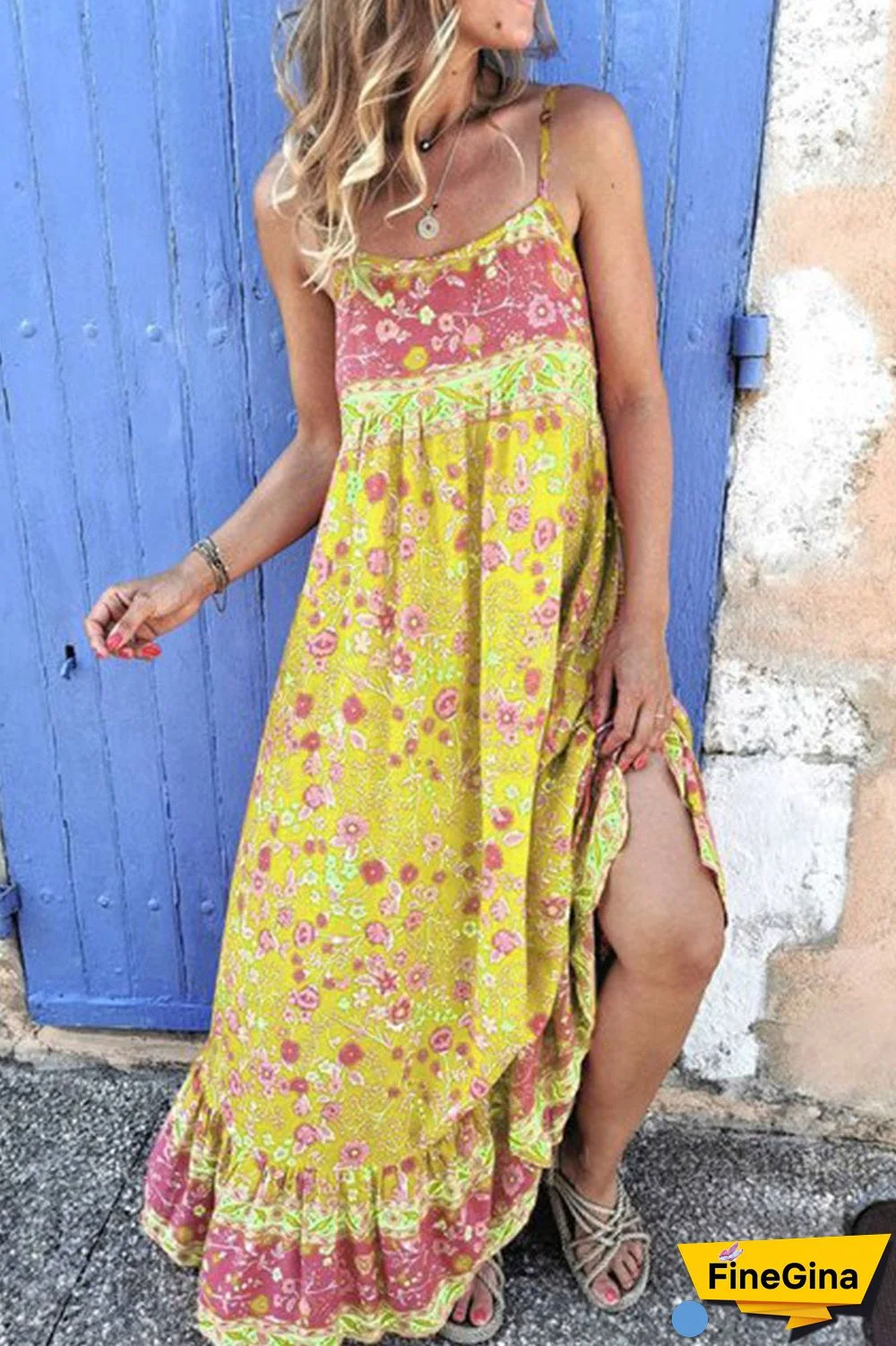 Fashion Bohemian Print Split Joint Spaghetti Strap Printed Dresses