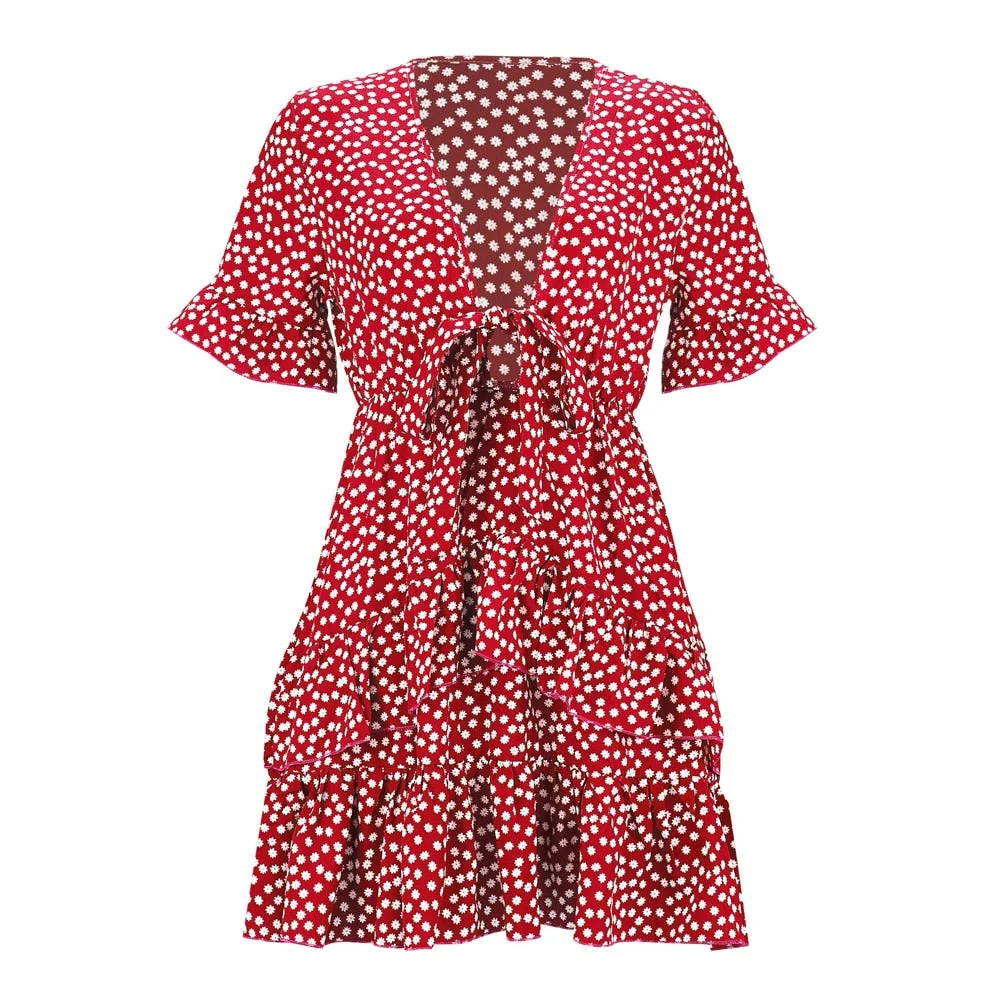 2020 New Women Polka Dot Mini Summer Boho Ruffled Dress Front Lace-up Knot V-Neck Beach Sundress Elegant Lady A-Line Dress
