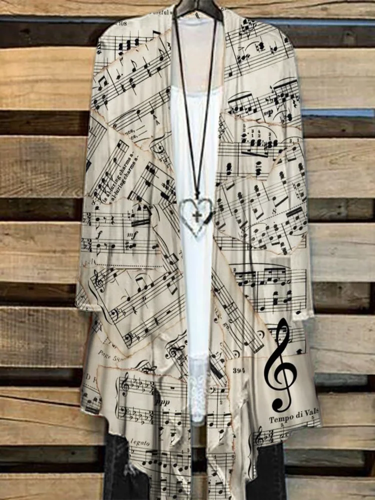 VChics Vintage Faded Sheet Music Treble Clef Flowy Kimono
