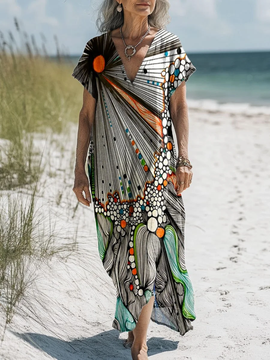 Women's Vintage Abstract Sun Line Art Print Pocket Cotton Dress