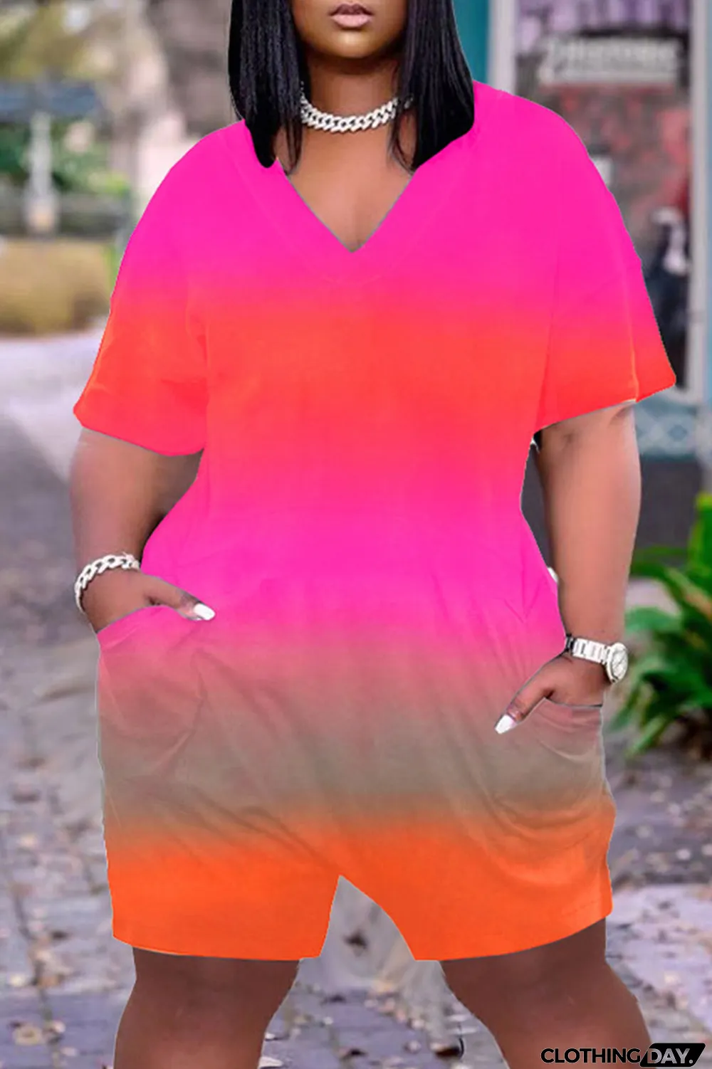 Pink Casual Gradual Change Print Tie-dye O Neck Loose Jumpsuits