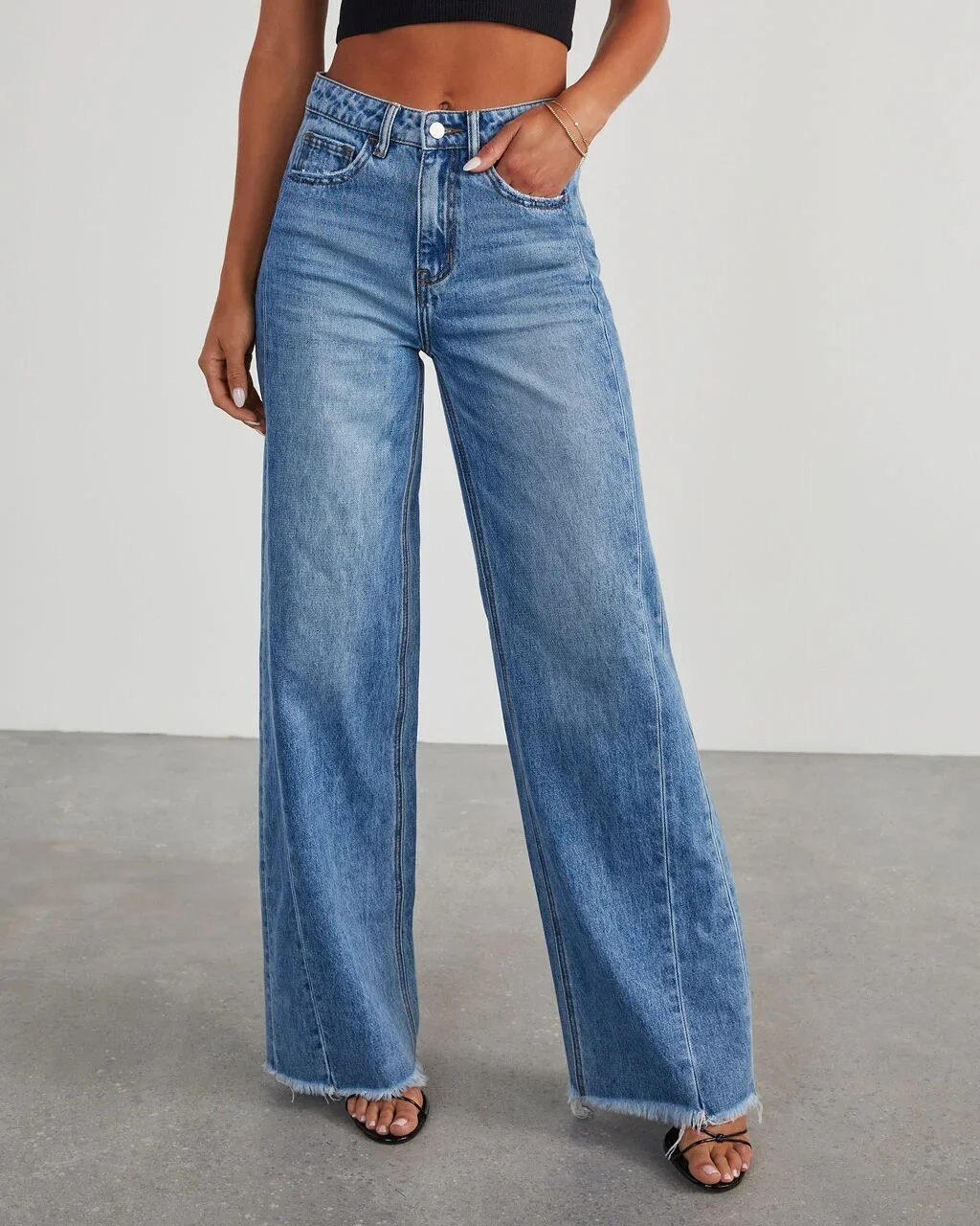 Women's Loose Wide-leg Side Splicing Edging Hem Jeans Cowgirl Denim Jeans