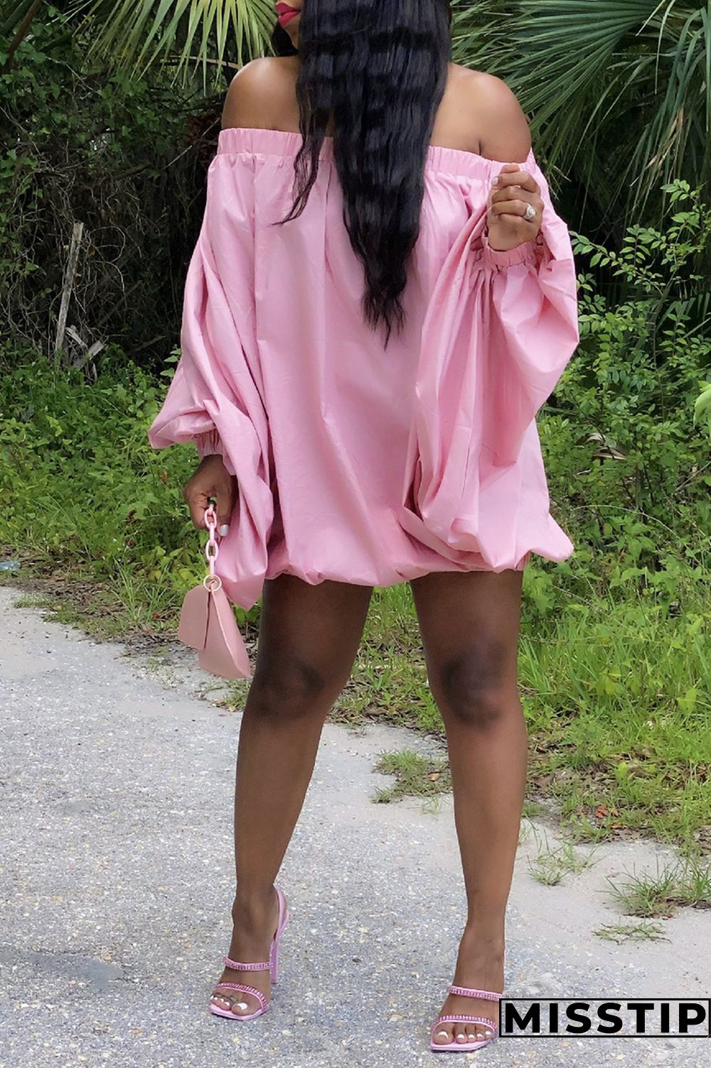 Pink Sexy Casual Solid Backless Off the Shoulder Long Sleeve Dresses