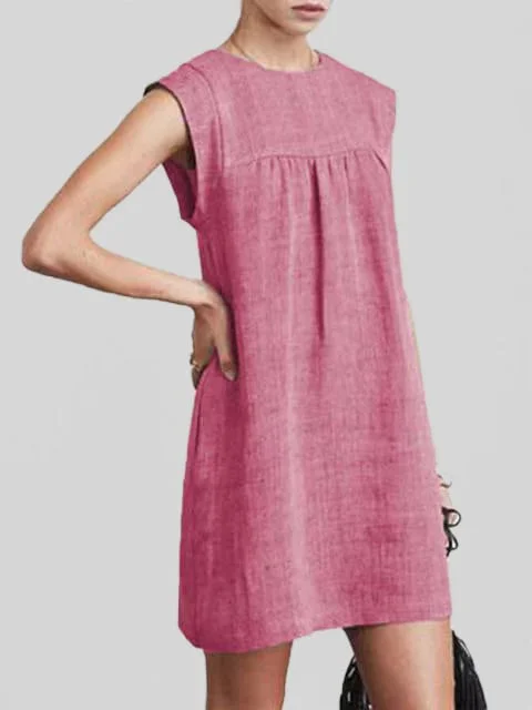Solid Color Cotton Linen Airplane Sleeve Solid Color Dress