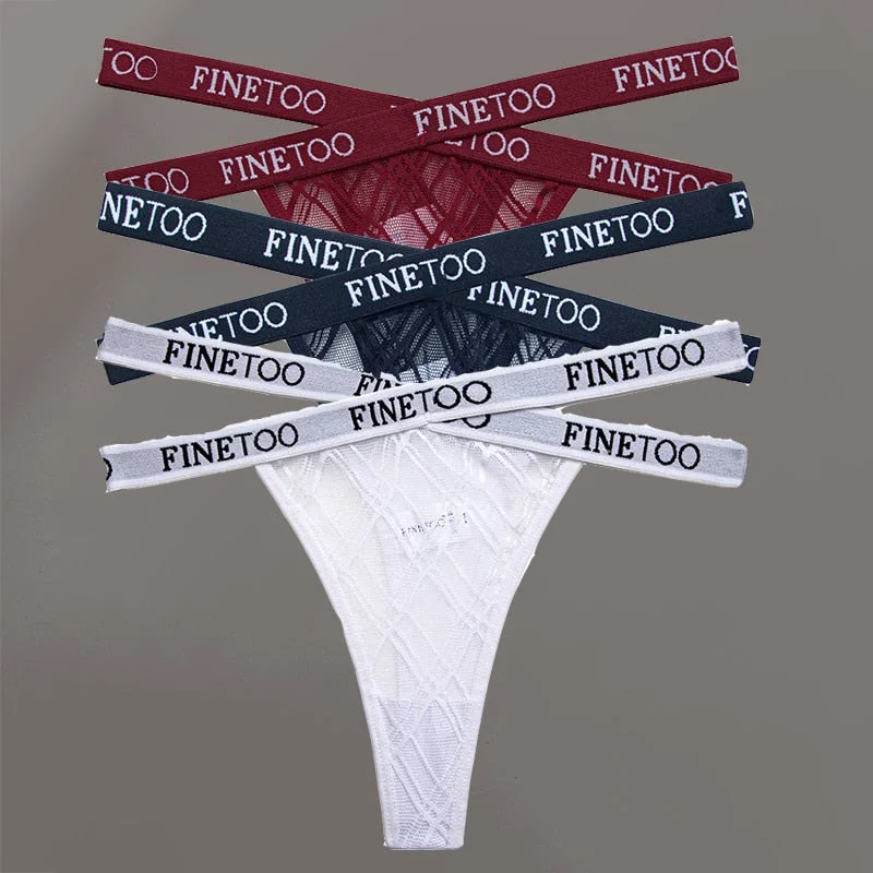 FINETOO 3PCS/Set Women's Letter Lace Mesh G-string Sexy Cross Strap Panties Midi Waist Underwear Thongs Femme Hollow Out Panties