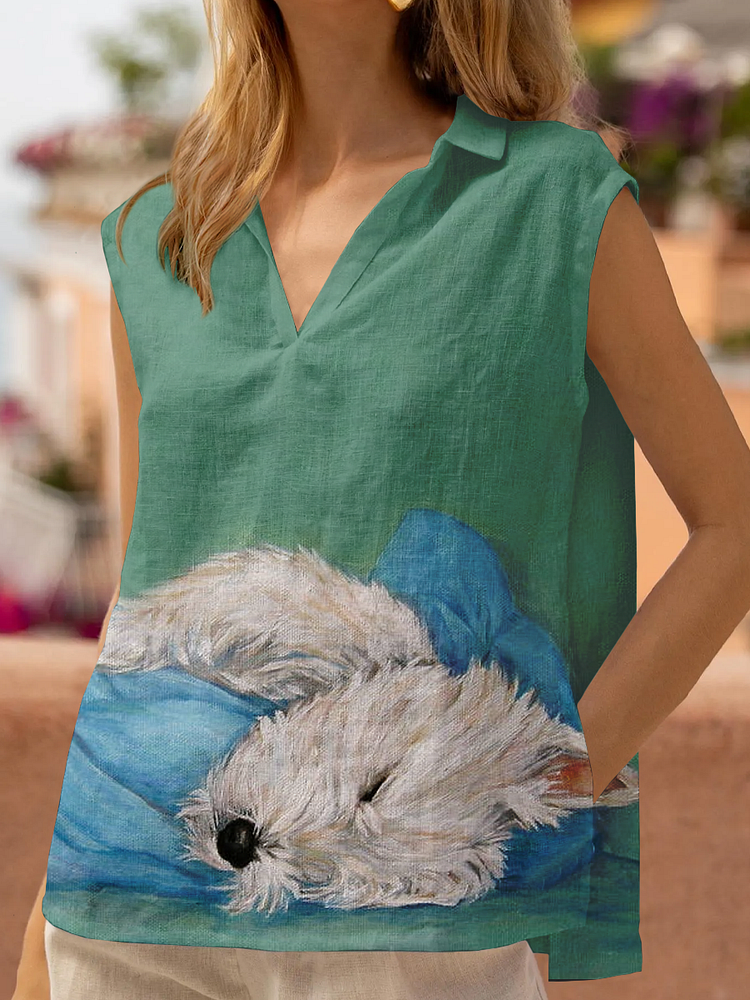 Ctue Dog Art Print Cotton and Linen Tops