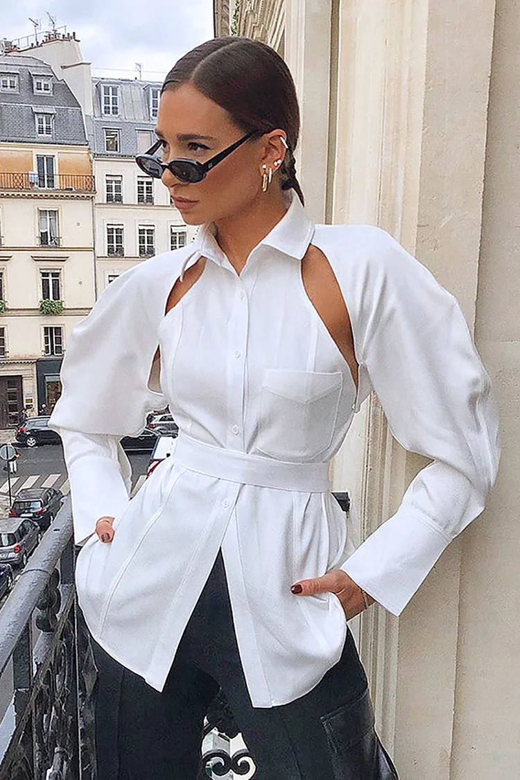 Cut Out Long Sleeve Back Knotted Blouses