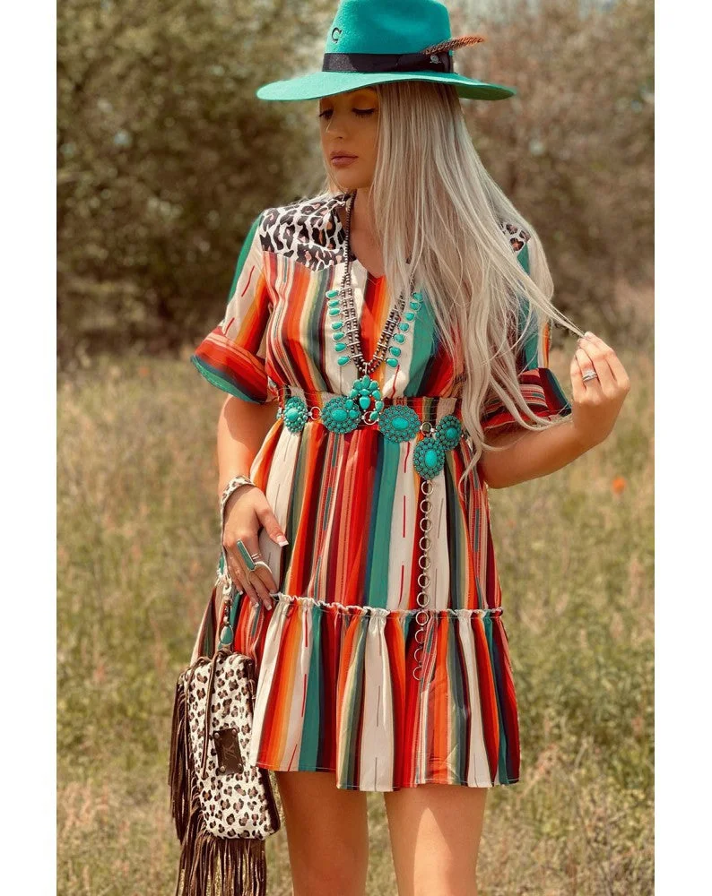 Striped Leopard Mini Dress Summer Boho Dress