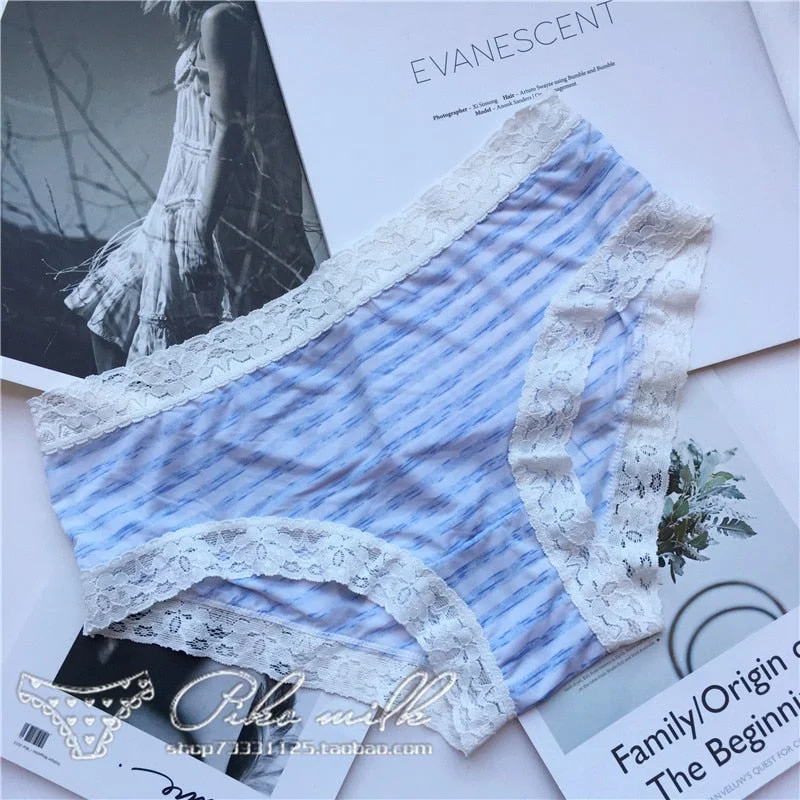 European Style Sexy Underwear Women's Ice Silk Printing Panties Fashion Lace Briefs Ladies Low Waist Underpants Female Lingerie