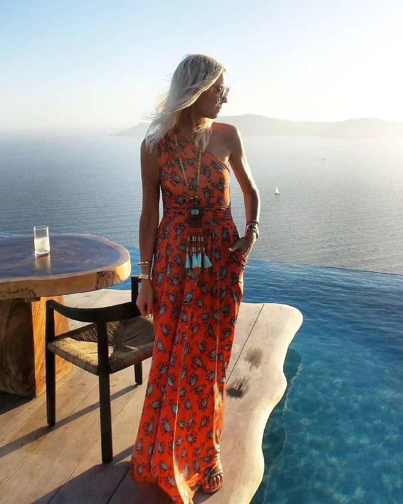Fashion Floral Printed One Shoulder Maxi Dress-vocosishoes