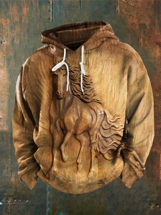 Men's Carving Laser Burn 3D Western Horse Print Hooded Sweatshirt