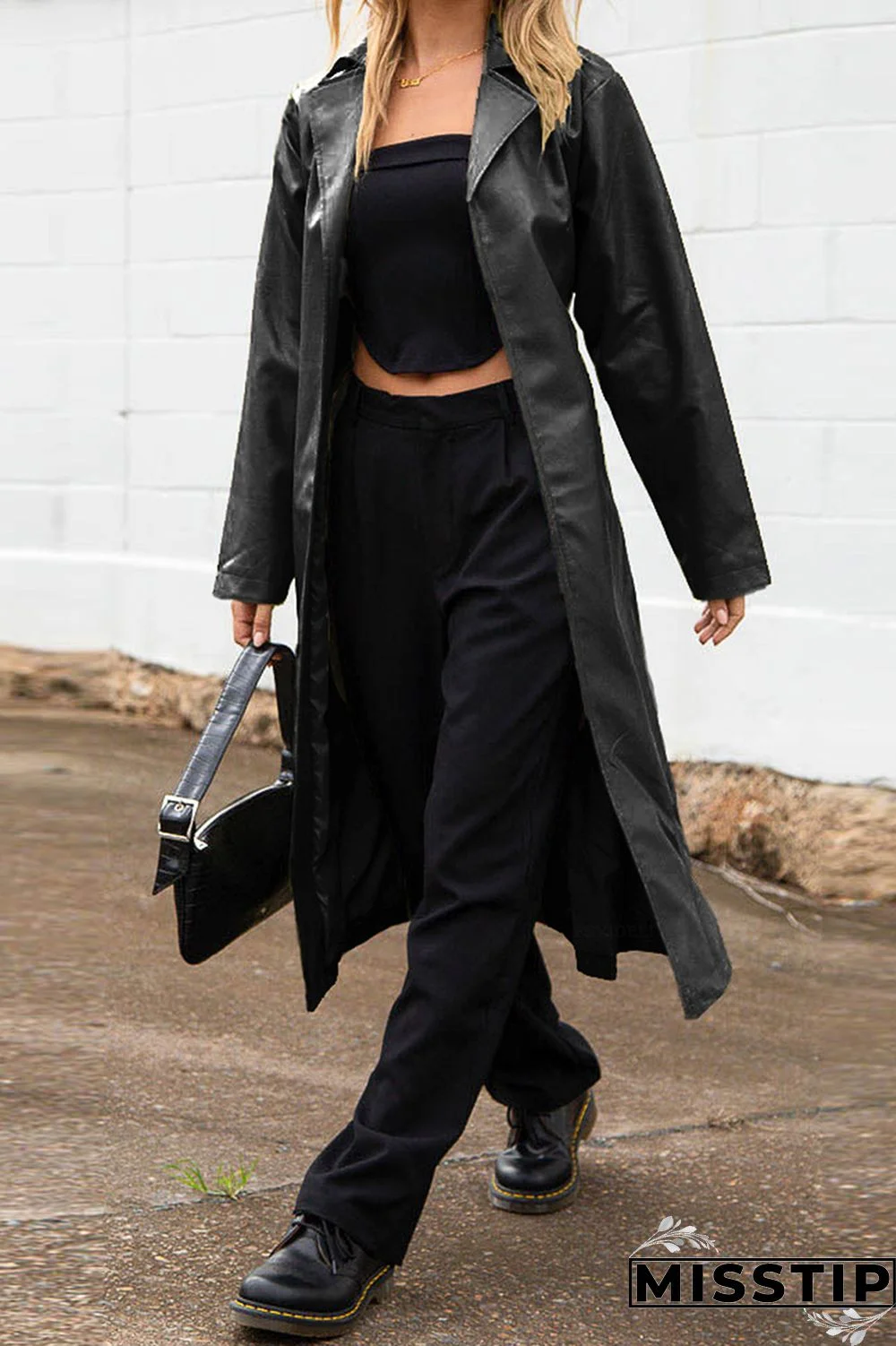 Black Elegant College Solid Solid Color Turn-back Collar Outerwear