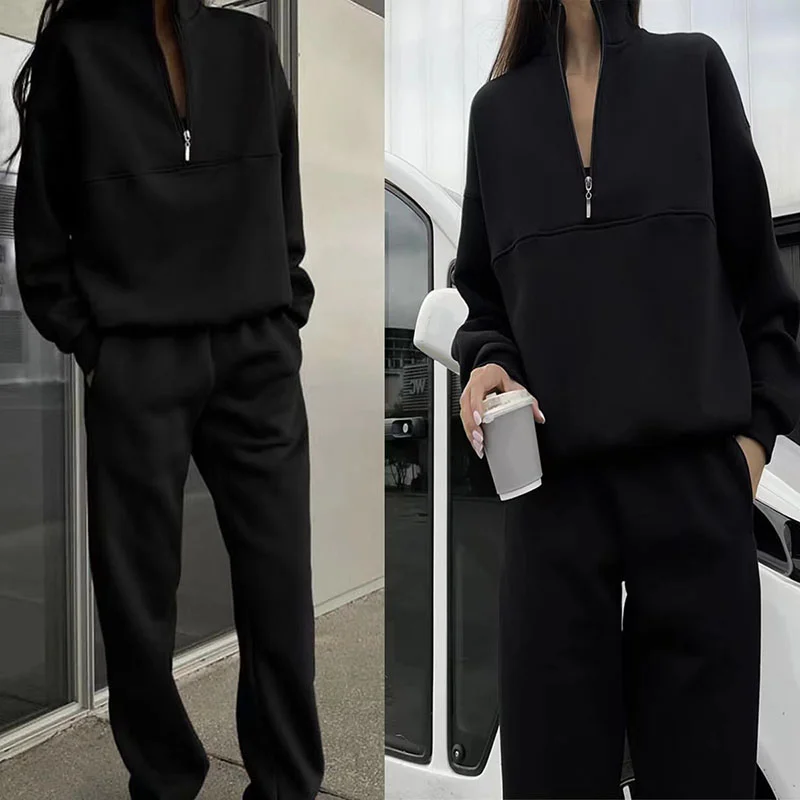 Women's Casual Loose Pullovers Zippers Elastic Waist Trousers Sweatshirt Tracksuit Sets