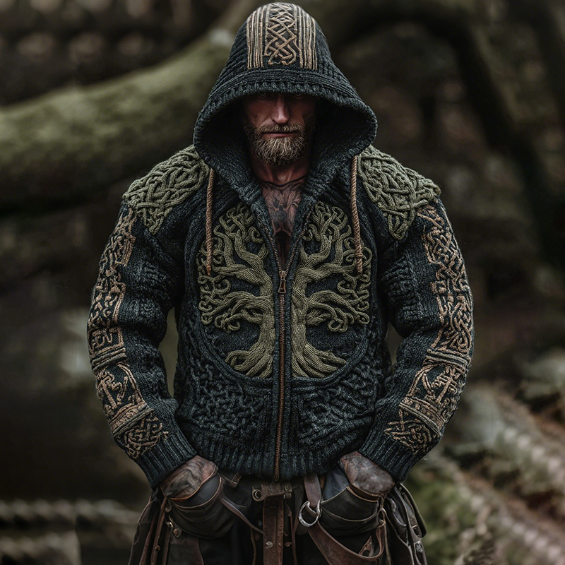 Men's Viking Tree Of Life Celtic Art Knit Hooded Zip-up Sweater artswardrobe