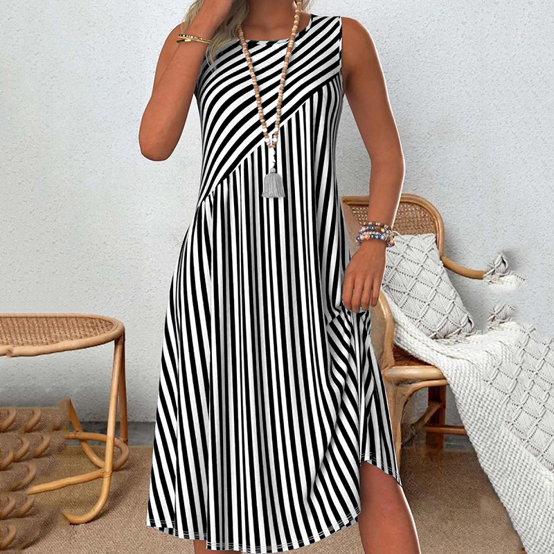 Comstylish Striped Crew Neck Tank Midi Dress