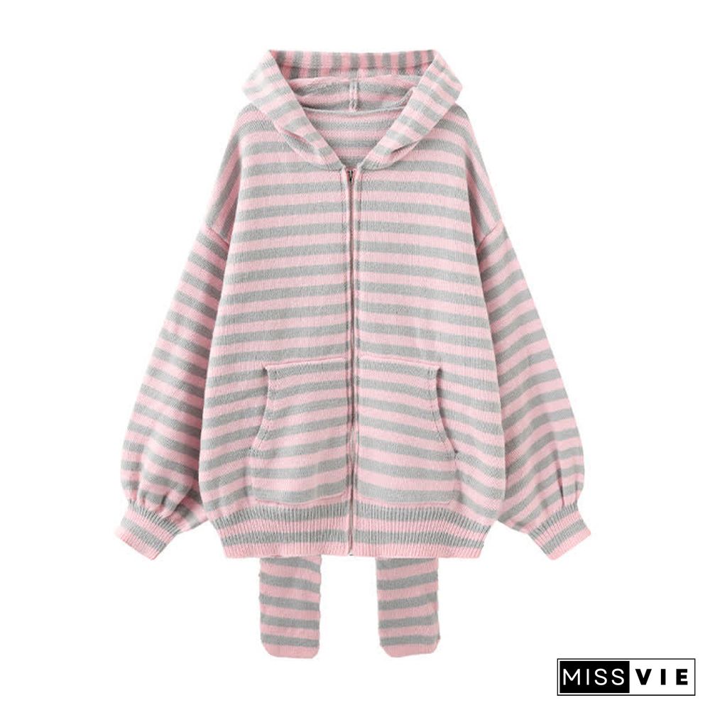 Long Bunny Ears Pocket Oversize Zipper Hooded Sweatshirt