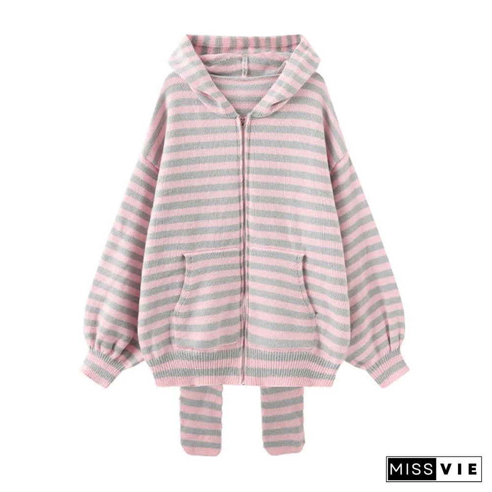 Long Bunny Ears Pocket Oversize Zipper Hooded Sweatshirt