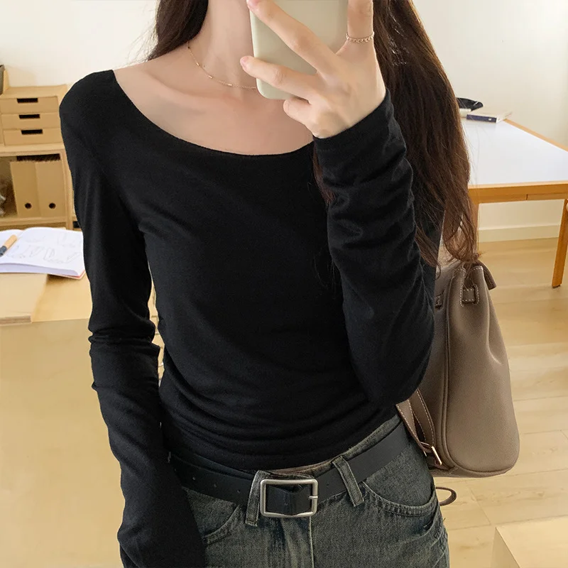 Wongn Shoulder Loose Collar Pleated Long T-Shirt Women's Undershirt Pleated Tight Short Blouse